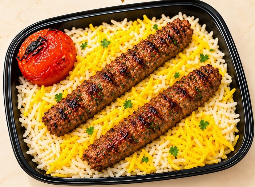 Kofta boxed meal: two grilled kofta skewers on yellow rice with a grilled tomato